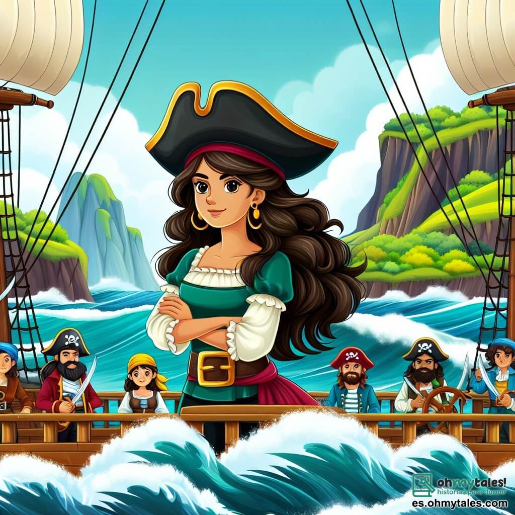 Une illustration destinée aux enfants représentant une femme pirate courageuse, debout sur le pont d'un majestueux navire en bois, entourée de ses fidèles compagnons marins, avec une île mystérieuse et verdoyante en arrière-plan, des vagues tumultueuses s'écrasant contre les falaises rocheuses.