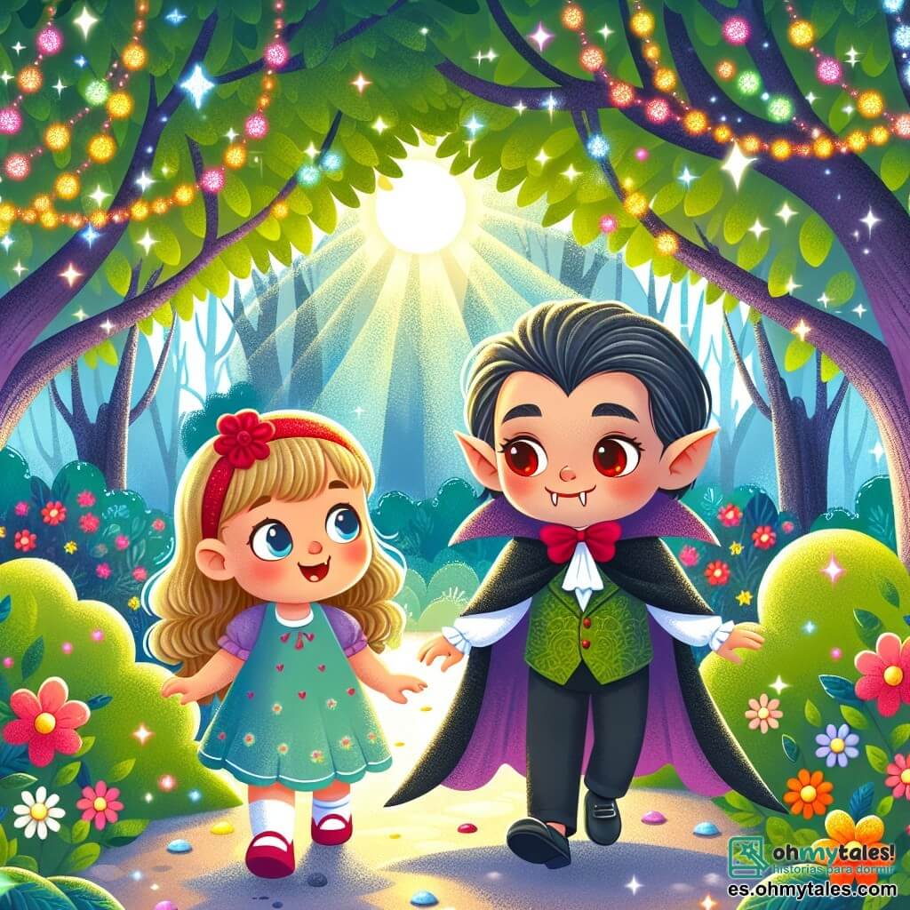 Une illustration destinée aux enfants représentant un vampire amical, accompagné d'une petite fille curieuse, explorant un magnifique bosquet enchanté rempli d'arbres aux feuilles chatoyantes et de fleurs éclatantes.