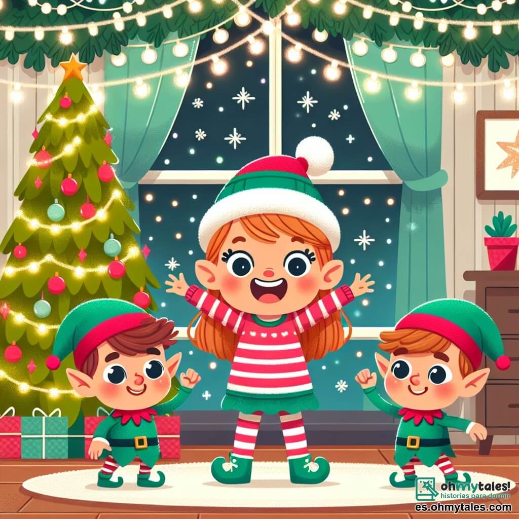 Une illustration destinée aux enfants représentant une petite fille excitée par l'approche de Noël, accompagnée de deux elfes malicieux, dans une chambre décorée de guirlandes scintillantes et d'un sapin de Noël illuminé.