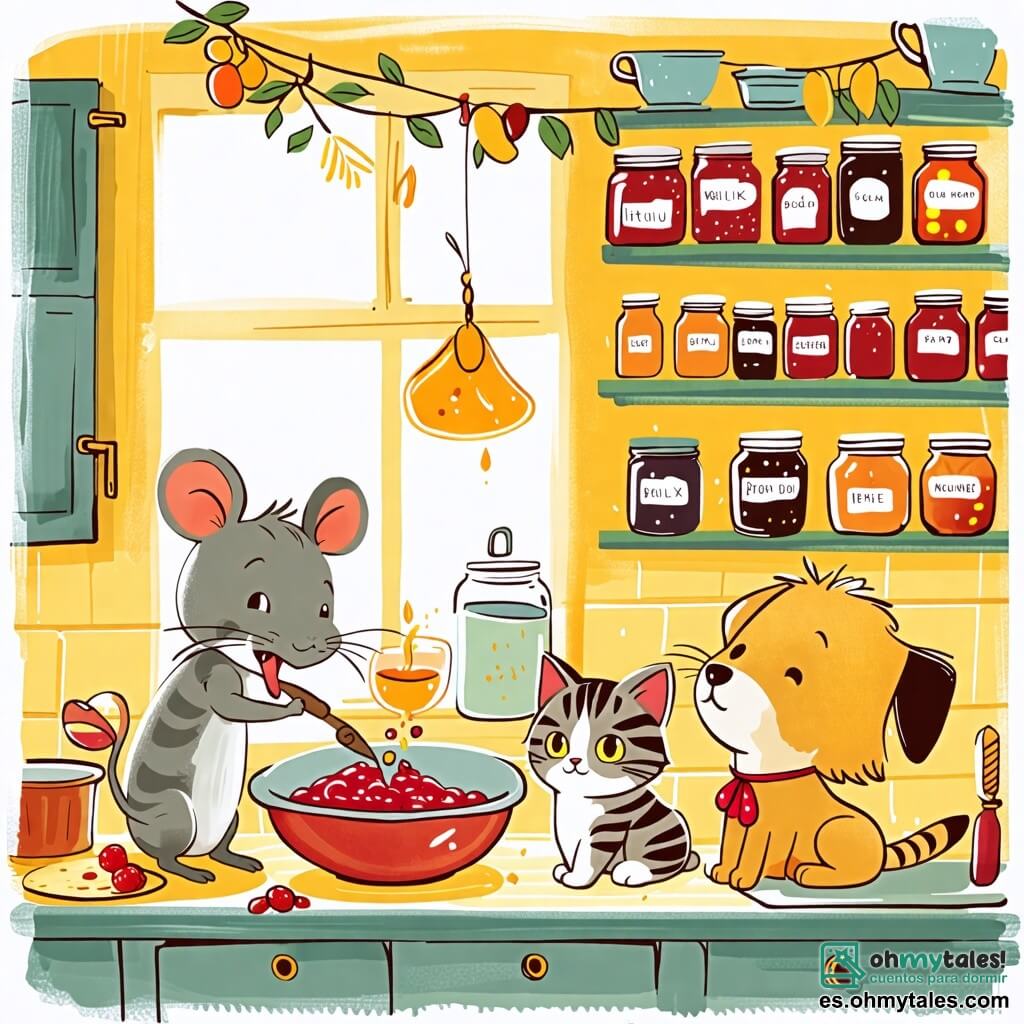 Une illustration sous forme de dessin destinée aux enfants représentant une charmante cuisine ensoleillée, avec des murs colorés et des étagères remplies de pots de confiture, où une petite souris grise aux grandes oreilles et à la queue frétillante mélange joyeusement des ingrédients dans un bol, tandis qu'un chat tigré aux yeux pétillants observe avec curiosité et un chien aux poils dorés, la langue pendante, attend avec impatience un morceau de gâteau, le tout entouré de décorations festives et de délicieux arômes de pâtisserie flottant dans l'air.