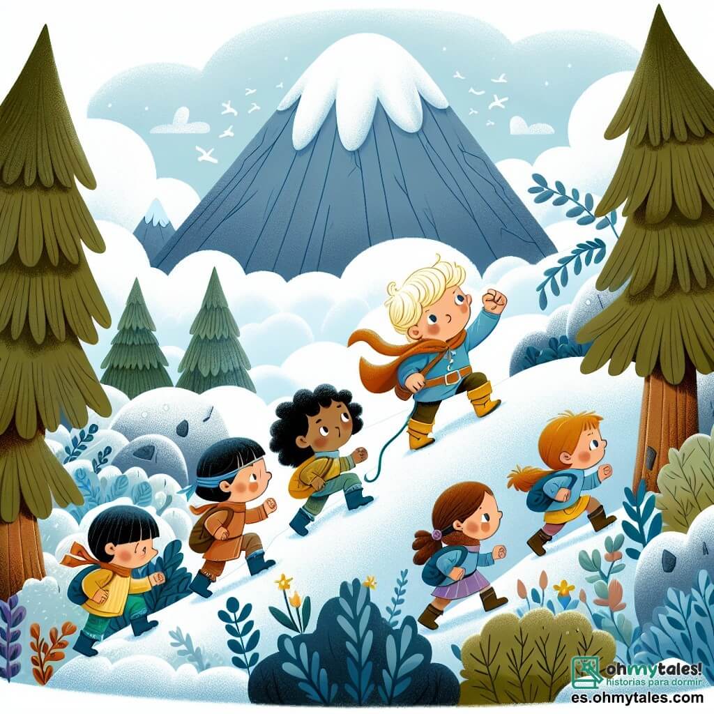 Une illustration destinée aux enfants représentant un petit garçon intrépide, accompagné de ses amis, escaladant une montagne enneigée à la recherche d'une plante magique, avec des arbres touffus et une épaisse brume enveloppant le sommet de la montagne.