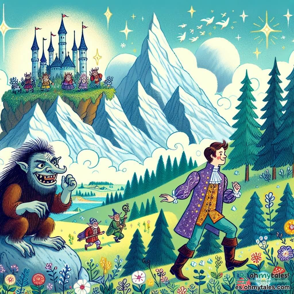 Une illustration destinée aux enfants représentant un prince farceur se lançant dans des aventures loufoques avec un duende malicieux, dans un royaume enchanté où les montagnes brillent comme des diamants et les prairies sont tapissées de fleurs magiques.