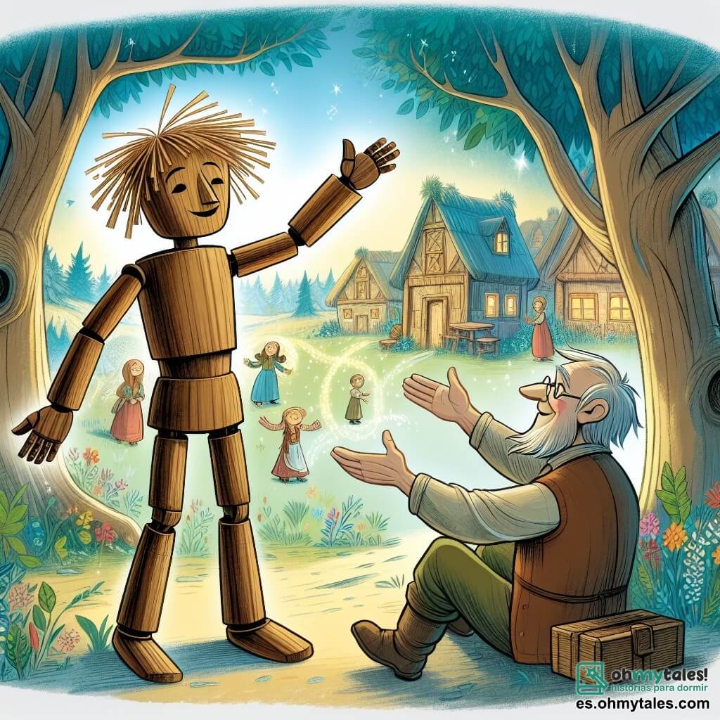 Une illustration destinée aux enfants représentant un enfant de bois aux cheveux de paille, émerveillé par un monde de magie et d'aventures, accompagné d'un vieil homme au cœur généreux, dans un paisible village de conte de fées niché au cœur d'un bois enchanté, où les arbres chuchotent des histoires oubliées.