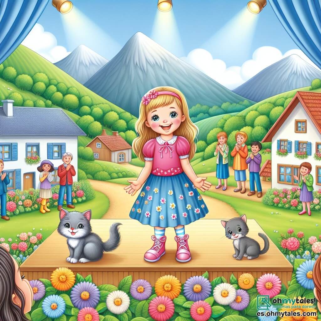 Une illustration destinée aux enfants représentant une petite fille rayonnante, se tenant debout sur une scène de talent, entourée de spectateurs souriants et d'un chaton gris, dans un paisible village montagneux bordé de fleurs colorées et de végétation luxuriante.