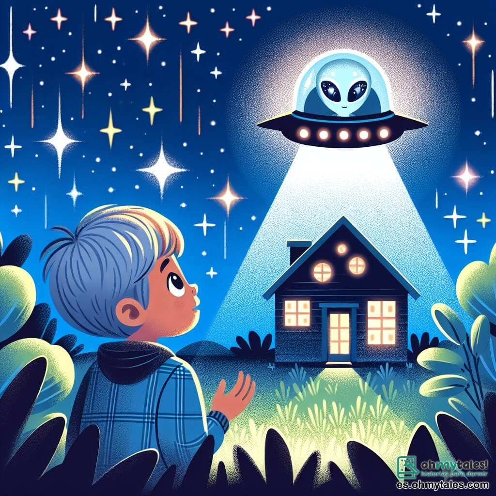 Une illustration destinée aux enfants représentant un garçon curieux observant une étoile devenue vaisseau spatial, accompagné d'une extraterrestre féminine aux yeux brillants, dans le jardin de sa maison illuminée par la lueur magique de la nuit étoilée.