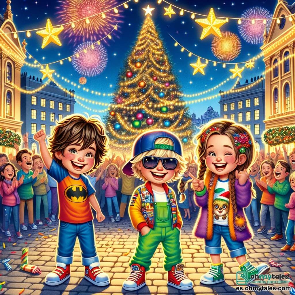 Ilustración que representa una escena festiva en una gran plaza iluminada para el Año Nuevo. La plaza está decorada con guirnaldas brillantes, grandes estrellas doradas suspendidas en el aire y un inmenso árbol de Navidad en el centro, cubierto de bolas de colores. En primer plano, un niño de siete años, con cabello castaño desordenado y una sonrisa radiante, lleva una camiseta de superhéroe y pantalones coloridos. A su lado, una niña de siete años, con trenzas rubias y una expresión traviesa, hace muecas para hacer reír a los demás. Otro niño, también de siete años, con una gorra al revés y gafas de sol, imita a un loro repitiendo frases divertidas. La escena muestra a los tres niños bailando y riendo juntos, rodeados de familias alegres que aplauden y se divierten. Al fondo, fuegos artificiales estallan en el cielo nocturno, iluminando la escena con colores vivos y creando un ambiente mágico. Niños juegan con globos y confeti vuela por el aire, añadiendo a la atmósfera festiva y alegre de esta celebración de Año Nuevo.
