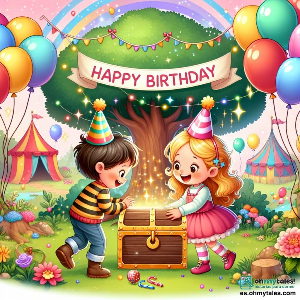 Une illustration destinée aux enfants représentant une petite fille rayonnante découvrant un mystérieux coffre avec l'aide de son amie, sous un grand arbre magique au cœur d'un parc enchanté rempli de ballons colorés et de joyeuses festivités pour son anniversaire.