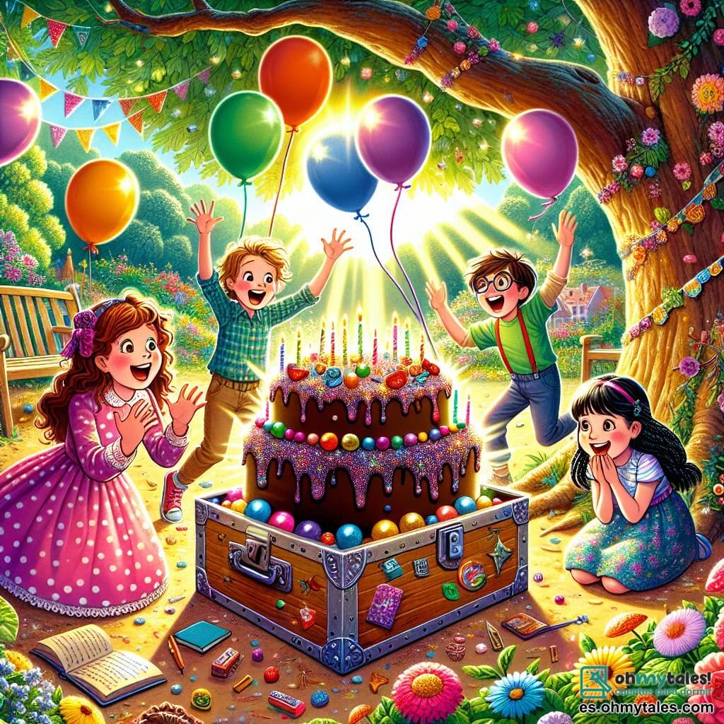 Ilustración que representa un hermoso parque soleado, lleno de flores coloridas y grandes árboles con hojas verdes. En el centro, una mesa decorada con globos multicolores y un gran pastel de chocolate con velas centelleantes. Cuatro niños están presentes: una niña de diez años con cabello rizado castaño, vestida con un vestido rosa con lunares, que sonríe con asombro; otra niña de diez años con trenzas rubias, vestida con una blusa azul, que salta de alegría; un niño de diez años con gafas y cabello castaño, vestido con una camiseta verde, que sostiene un pequeño cuaderno; y una niña de diez años con cabello negro liso, vestida con una falda colorida, que ríe levantando los brazos. La escena principal muestra a los niños descubriendo una caja misteriosa escondida bajo un viejo roble, rodeada de hojas y flores. Rayos de sol filtran a través de las ramas, iluminando sus rostros asombrados. Juguetes antiguos y canicas coloridas desbordan de la caja, añadiendo un toque de magia al momento.