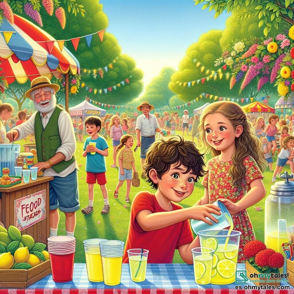 Ilustración que representa un parque animado en un hermoso día soleado, con árboles verdes y flores coloridas alrededor de puestos de comida y juegos. En el centro de la imagen, un niño de 9 años, con cabello castaño desordenado y ojos chispeantes de curiosidad, sonríe mientras sirve limonadas en vasos de plástico. Lleva una camiseta roja y un pantalón corto azul, y parece muy entusiasta. A su lado, una niña de 9 años, con cabello largo y rizado, vestida con un vestido de flores, ayuda a llenar los vasos. Ella tiene una gran sonrisa y parece encantada de participar en el evento. Más lejos, un hombre de unos 50 años, con barba canosa y ropa desgastada, se encuentra cerca de un puesto de comida, observando a los niños con una mirada benevolente, mostrando que está feliz de ver a la comunidad reunida. La escena principal muestra al niño y a la niña sirviendo bebidas, rodeados de risas de niños y familias que disfrutan de la fiesta. Globos de colores flotan en el aire y carteles de la "Fiesta de la Solidaridad" están colgados en los puestos, añadiendo un ambiente alegre y festivo a la ilustración.