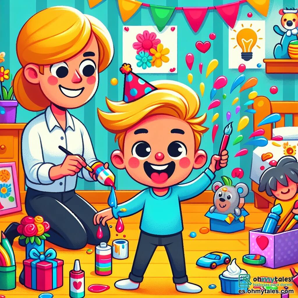 Une illustration destinée aux enfants représentant un petit garçon créatif et espiègle, préparant une surprise pour sa maman avec l'aide de sa maman dans une chambre colorée remplie de jouets et de décorations de fête des mères.