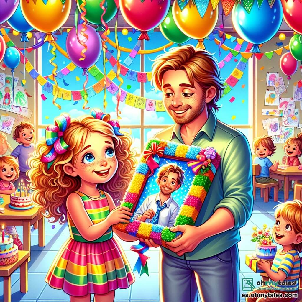 Ilustración que representa un aula luminosa y colorida, decorada con globos multicolores y guirnaldas de papel. Las paredes están adornadas con dibujos de niños y tarjetas hechas a mano para el Día del Padre. En el centro de la escena, un niño de cinco años, con cabello rizado y ojos brillantes, sostiene un marco decorado con colores vivos, sonriendo ampliamente. A su lado, una niña de cinco años, con cabello largo y liso, lleva un hermoso vestido colorido y admira el marco con ojos asombrados. El niño está a punto de regalar el marco a un hombre de unos treinta años, con un rostro cálido y sonriente, que representa a su padre. El hombre viste una camisa informal y mira a su hijo con orgullo y cariño. Al fondo, otros niños y sus papás intercambian regalos y ríen juntos, creando un ambiente alegre y festivo. Mesas llenas de pasteles y bocadillos añaden un toque de delicia a esta escena de celebración familiar.