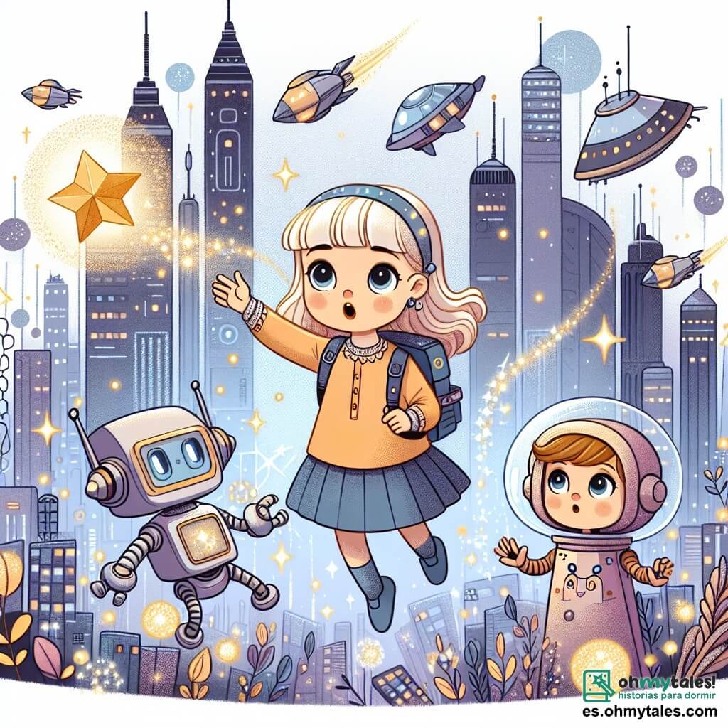 Une illustration destinée aux enfants représentant une petite fille curieuse et courageuse, se retrouvant dans une ville du futur avec des autos volants et des édifices étincelants, accompagnée d'un robot amical, dans une aventure magique à la recherche de la mystérieuse étoile filante dorée.