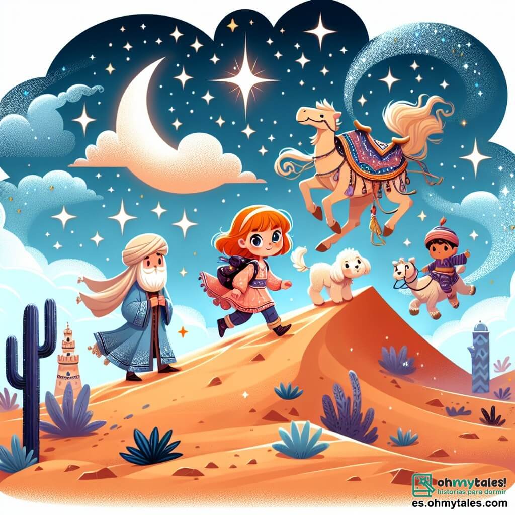 Une illustration destinée aux enfants représentant une petite fille intrépide explorant un désert enchanté, accompagnée de ses fidèles amis, sous un ciel étoilé scintillant de magie.