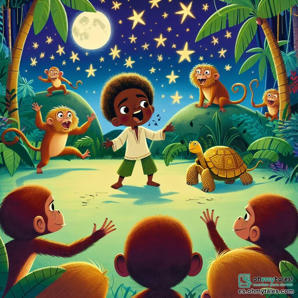 Une illustration sous forme de dessin destinée aux enfants représentant une scène vibrante dans une jungle africaine luxuriante, où un jeune homme courageux aux cheveux crépus et à la peau foncée chante avec passion, entouré de singes malicieux aux pelages dorés qui dansent autour de lui, tandis qu'une tortue dorée, symbole de sagesse, l'observe attentivement, le tout sous un ciel étoilé où les étoiles commencent à briller à nouveau, illustrant le moment où le jeune homme utilise sa voix pour combattre l'obscurité et restaurer la lumière volée à son village.