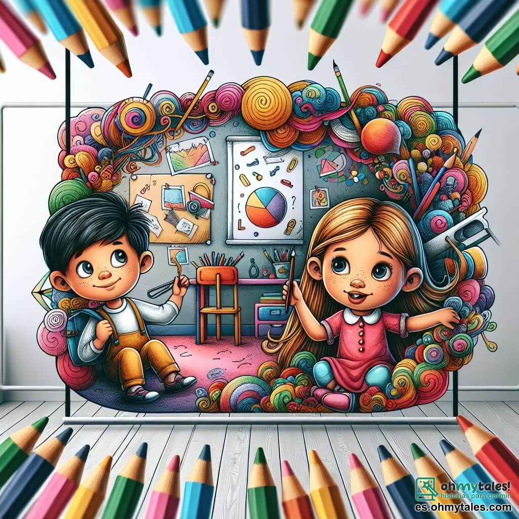 Une illustration destinée aux enfants représentant une petite fille créative et espiègle, une amie curieuse, dans une chambre lumineuse et colorée remplie de dessins et de crayons.