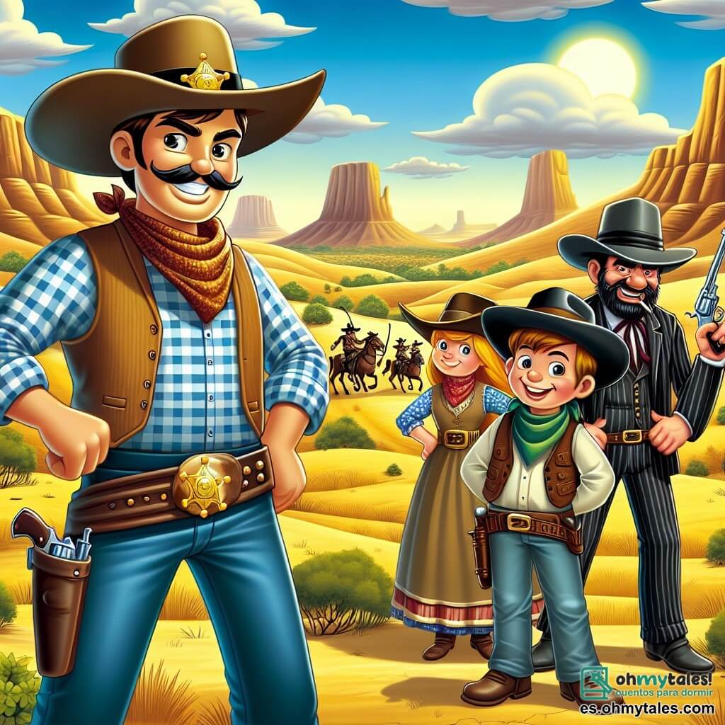 Une illustration sous forme de dessin destinée aux enfants représentant un vaste paysage du Far West, avec des collines dorées et un ciel bleu éclatant, où un cowboy homme, grand et souriant, portant un grand chapeau de cowboy et une chemise à carreaux, se tient courageusement avec sa main sur son pistolet, tandis qu'à ses côtés, une cowgirl fille, avec un lazo à la taille et des cheveux longs, et un jeune cowboy garçon, astucieux et déterminé, l'observent avec admiration, alors qu'ils se préparent à affronter un groupe de bandits rieurs qui tiennent une étoile de sheriff volée, le tout baigné dans une lumière chaude du soleil couchant.