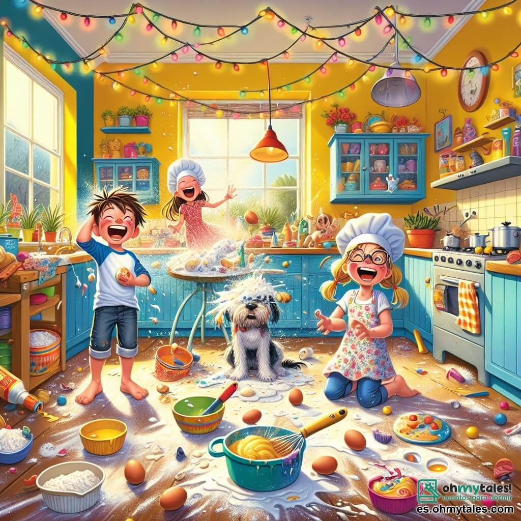 Ilustración que representa una cocina colorida y caótica, llena de harina esparcida por el suelo y de ingredientes dispersos sobre la encimera. Las paredes están pintadas de amarillo brillante y guirnaldas de luces parpadeantes decoran el techo. En el centro de la escena, un niño de 12 años con cabello castaño despeinado y una sonrisa traviesa, vestido con una camiseta azul y un short, observa con diversión el desorden. A su lado, una niña de 11 años, con cabello rubio recogido en dos coletas y vestida con un vestido de flores, ríe a carcajadas mientras sostiene una espátula. Otro niño de 12 años, con gafas y cabello negro, se frota la cabeza cubierta de un huevo, riendo de la situación. La escena muestra el momento hilarante en que el perro, con un pequeño gorro de chef, derrama una olla de masa colorida sobre la mesa, provocando una explosión de colores y risas. Salpicaduras de gelatina y trozos de fruta vuelan por los aires, mientras los niños ríen y se lanzan miradas cómplices, creando un ambiente alegre y juguetón.