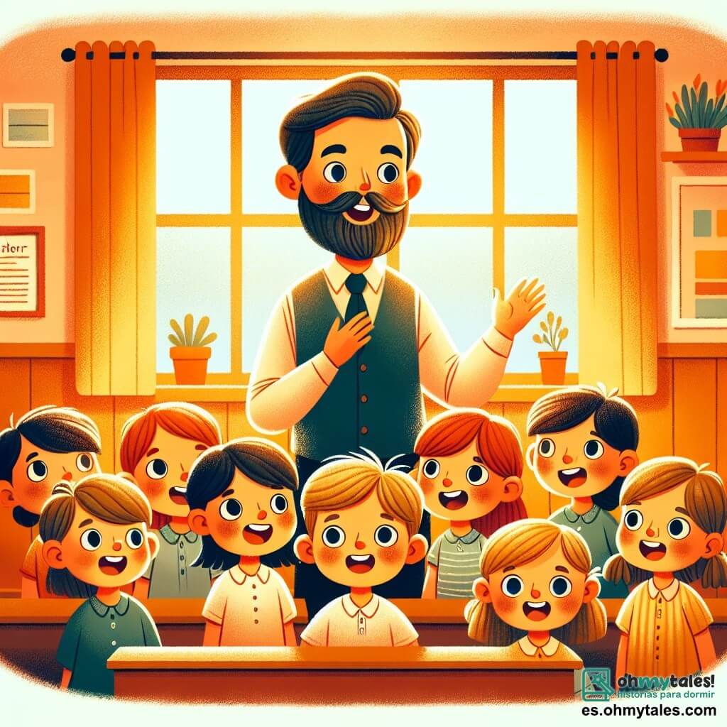 Une illustration destinée aux enfants représentant un instituteur bienveillant, entouré de jeunes élèves curieux et enthousiastes, dans une salle de classe colorée et chaleureuse de Villa Esperanza.