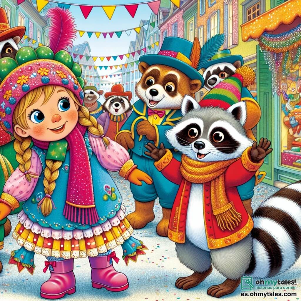 Une illustration destinée aux enfants représentant une fillette curieuse se perdant parmi des mascottes parlantes lors d'un carnaval coloré, accompagnée d'un mapache astucieux, dans un petit village décoré de guirlandes et de serpentines scintillantes.