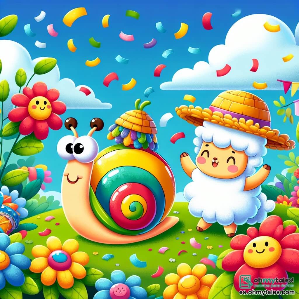 Ilustración que representa una escena alegre en un jardín colorido, lleno de flores brillantes en tonos vivos de rojo, amarillo y azul, con un cielo azul claro salpicado de nubes blancas y esponjosas. En el centro, un caracol lindo con una concha espiral rayada de verde y amarillo, moviéndose lentamente sobre una hoja verde, con una gran sonrisa en su cara. A su lado, un pato joven con plumas amarillas y un pequeño sombrero de paja, que agita alegremente sus alas, y una dulce oveja con pelaje blanco y lanoso, que baila sobre sus patas traseras, con los ojos brillando de felicidad. La escena irradia un ambiente festivo, con confeti colorido flotando en el aire y un pequeño tambor de madera en el suelo, listo para ser usado para la música de su celebración.