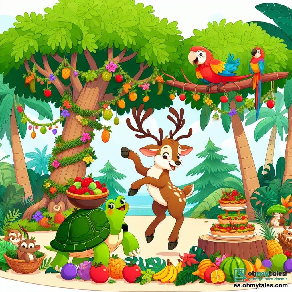 Ilustración que representa una jungla colorida y vibrante, con árboles majestuosos de hojas verdes brillantes y flores tropicales de colores vivos. En el centro de la escena, un reno alegre con pelaje marrón claro y cuernos elegantes, saltando con entusiasmo, rodeado de frutas coloridas para preparar tortas. A su lado, una tortuga de caparazón verde y ojos traviesos, sosteniendo una bandeja llena de frutas, sonríe al mirar al reno. Un loro de plumas rojas y amarillas, posado en una rama, canta alegremente mientras agita sus alas. La escena irradia un ambiente festivo, con guirnaldas de hojas de palma y estallidos de risas, ilustrando el momento en que los amigos se preparan para una gran fiesta en la jungla.