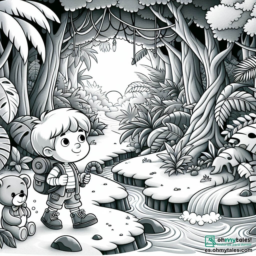 Une illustration destinée aux enfants représentant un petit garçon intrépide partant à l'aventure avec ses amis, accompagné de son fidèle osito de peluche, à travers une jungle mystérieuse aux arbres touffus et au ruisseau rugissant.