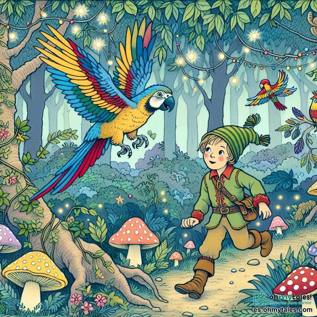 Une illustration destinée aux enfants représentant un jeune garçon aventurier, accompagné d'un perroquet volant, se retrouvant dans une forêt enchantée remplie de champignons multicolores et d'arbres dansants.