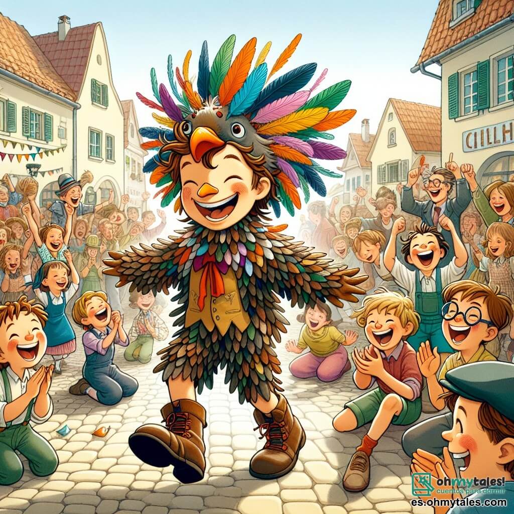 Une illustration sous forme de dessin destinée aux enfants représentant une scène colorée dans la place animée d'un petit village ensoleillé, où un garçon de 11 ans avec des cheveux ébouriffés et un grand sourire se tient au centre, vêtu d'un costume de "pigeon" fait de plumes multicolores, en train de danser et de faire rire la foule, tandis qu'un autre garçon de son âge, avec des lunettes et une casquette à l'envers, l'encourage en riant, et des enfants et des adultes autour d'eux applaudissent et rient, créant une atmosphère joyeuse et festive, symbolisant le défi amusant qu'ils ont relevé ensemble.