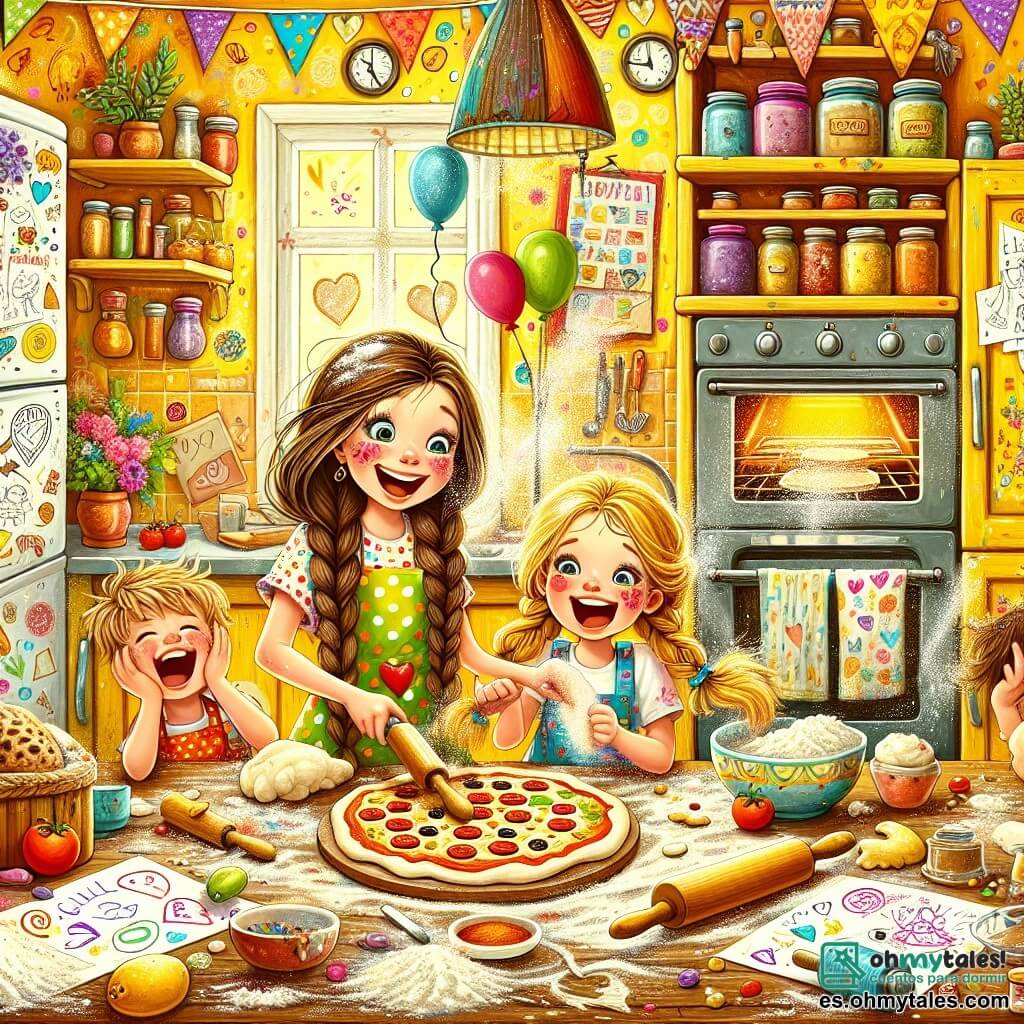 Ilustración que representa una escena alegre en una cocina colorida y animada. Las paredes están pintadas de un amarillo brillante, con estanterías llenas de tarros de especias y libros de recetas. En el centro, una gran mesa de madera está cubierta de harina, masa de pizza y dibujos coloridos. Hay dos niñas de unos diez años. Una tiene el cabello largo y castaño y lleva un delantal de lunares, sonríe sosteniendo un rodillo, mientras que la otra, con trenzas rubias, ríe tratando de atrapar un trozo de masa que vuela. A sus pies, un niño pequeño de unos cinco años, con el cabello castaño despeinado y la cara cubierta de chocolate, hace muecas sosteniendo un globo. La situación principal muestra a las niñas preparando una sorpresa para el Día del Padre, rodeadas de desorden y risas. Grumos de harina flotan en el aire, y dibujos de corazones y soles están esparcidos sobre la mesa. Al fondo, se ve un horno abierto con una pizza dorada cocinándose dentro, añadiendo un toque de calidez y convivialidad a esta escena familiar.