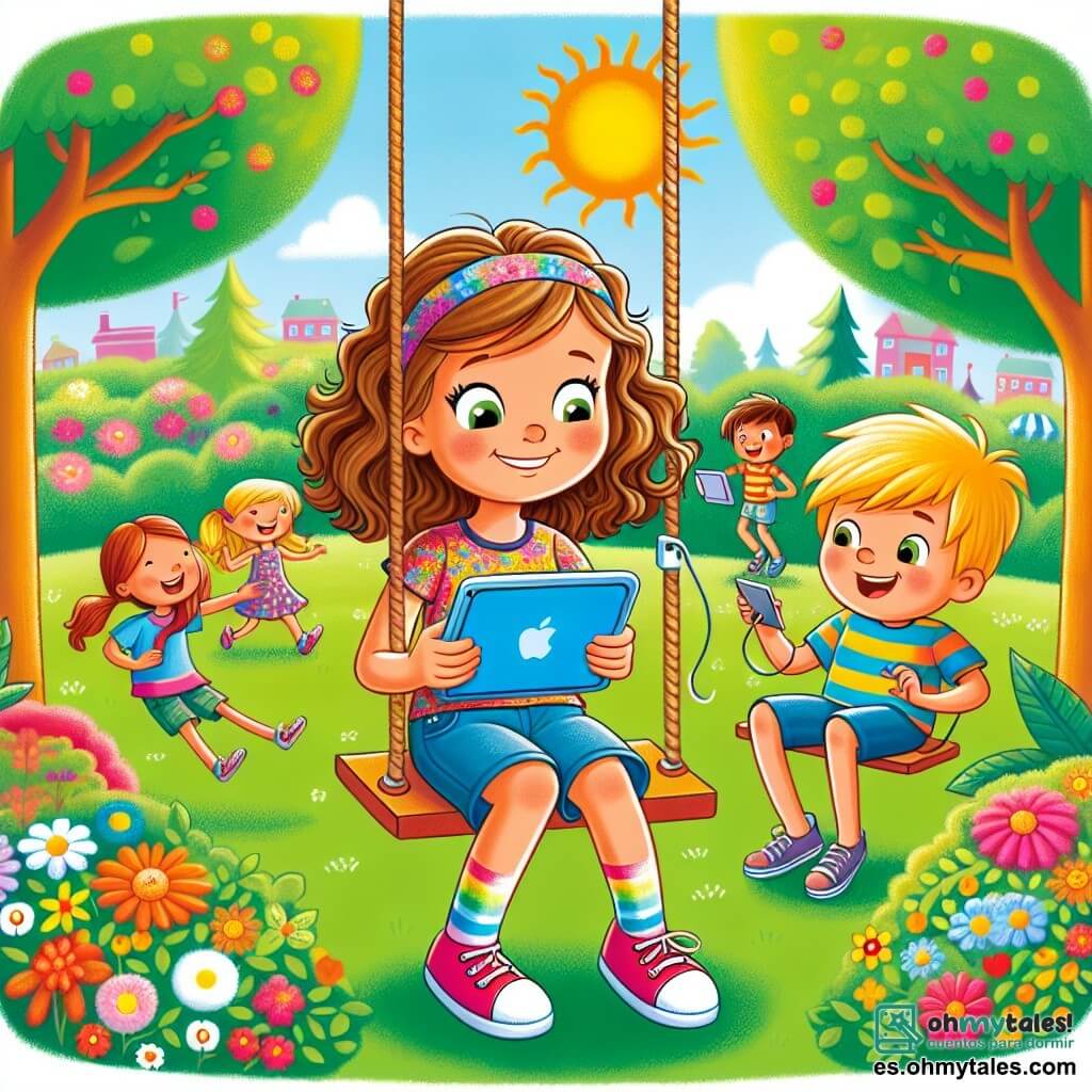 Une illustration sous forme de dessin destinée aux enfants représentant un parc ensoleillé avec des arbres verdoyants et des fleurs colorées, où une fille de 11 ans aux cheveux bruns et bouclés, portant un t-shirt coloré et un short, est assise sur une balançoire, souriante et tenant une tablette, tandis que deux de ses amis, un garçon aux cheveux blonds en t-shirt rayé et une fille aux cheveux longs et lisses en robe à fleurs, l'encouragent à partager leur jeu éducatif sur l'équilibre entre le temps passé devant les écrans et les activités en plein air, avec des enfants jouant autour d'eux, illustrant l'importance de la technologie saine.