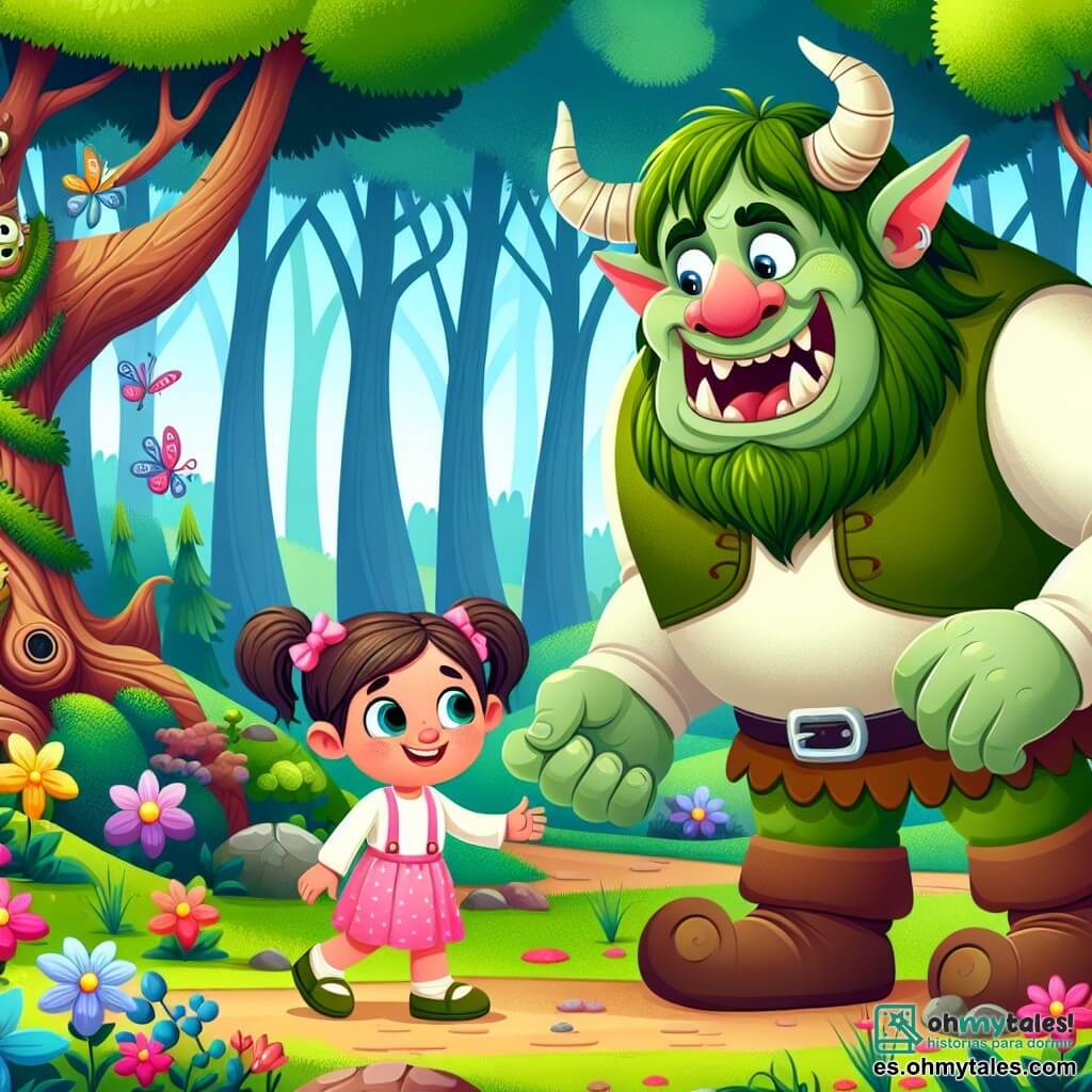 Une illustration destinée aux enfants représentant un ogre sympathique et jovial, accompagné d'une petite fille curieuse, explorant un magnifique bosque encantado rempli d'arbres majestueux, de fleurs colorées et de créatures fantastiques.