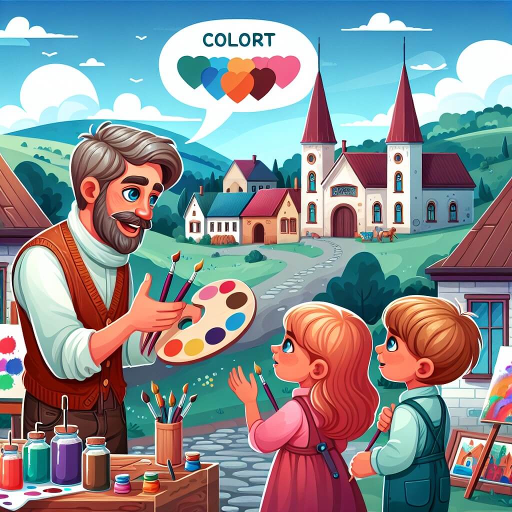 Une illustration destinée aux enfants représentant un homme passionné par les couleurs, qui rencontre deux enfants curieux et talentueux, dans un petit village appelé Coloreville, entouré de magnifiques paysages et d'un studio d'art rempli de pinceaux, de toiles et de peintures éclatantes.