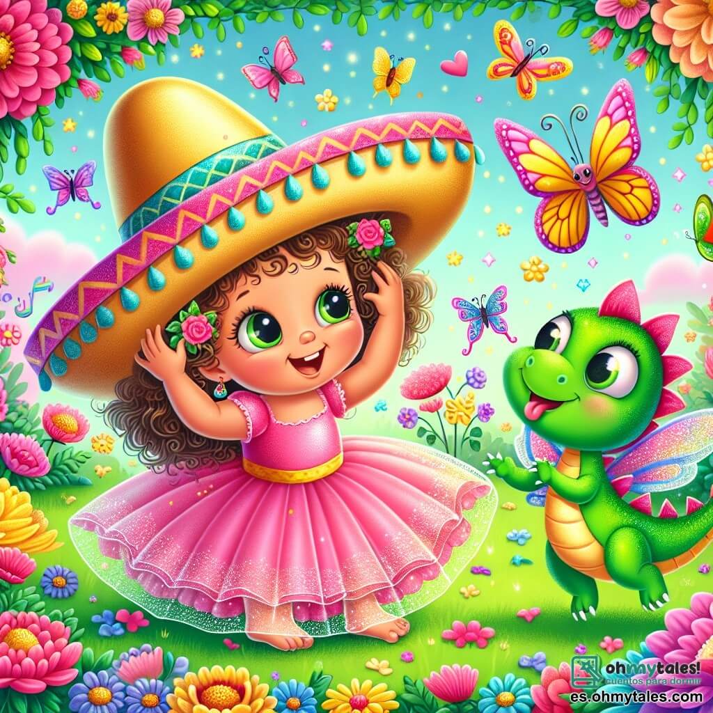 Une illustration sous forme de dessin destinée aux enfants représentant un jardin magique rempli de fleurs colorées et de papillons, où une petite fille de 1 an aux cheveux bouclés et aux yeux pétillants, portant une robe en tulle rose, rit en essayant un sombrero magique qui la transforme en mariposa, tandis qu'un petit dragon vert aux écailles scintillantes et aux grandes ailes, avec un sourire malicieux, saute de joie à ses côtés, créant une atmosphère de joie et de magie.