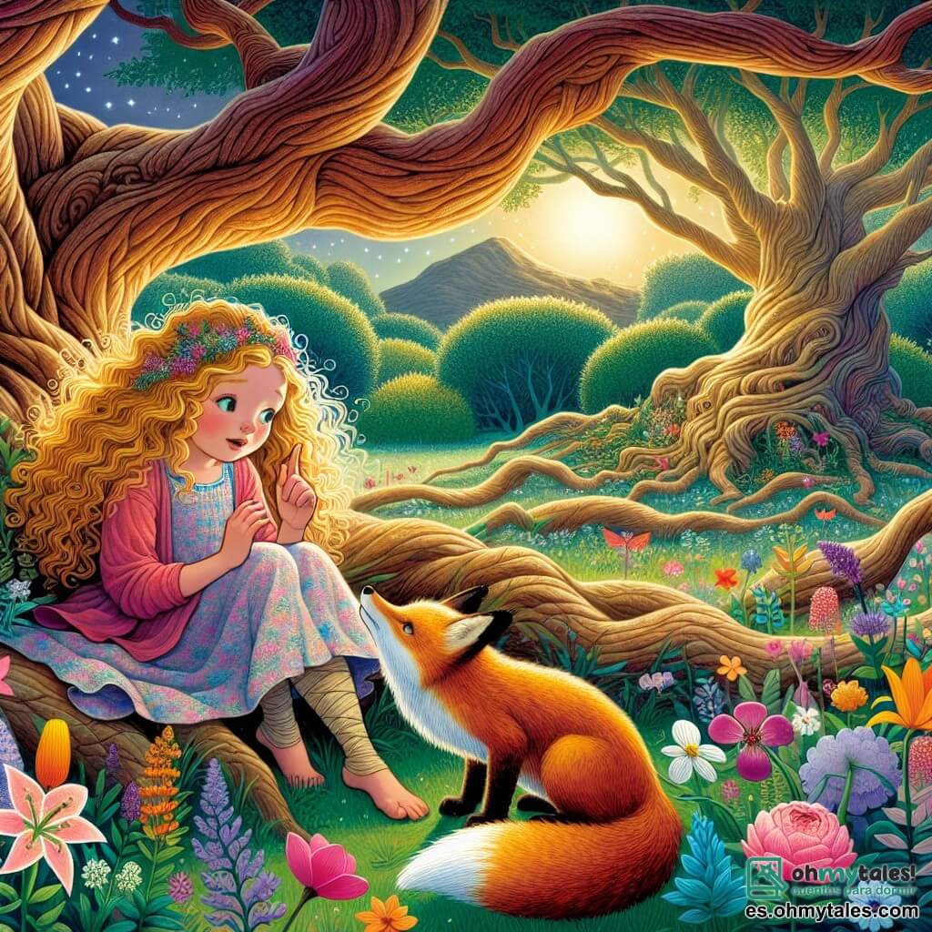 Une illustration sous forme de dessin destinée aux enfants représentant un jardin magique aux couleurs éclatantes, où une fille de 11 ans aux cheveux bouclés et dorés, vêtue d'une robe légère et colorée, s'assoit au pied d'un vieux roble aux branches tordues, écoutant attentivement les histoires murmurées par les fleurs, tandis qu'un zorro aux pelages dorés, curieux et amical, l'observe avec des yeux brillants, et en arrière-plan, des arbres majestueux et des fleurs dansent doucement sous la brise, créant une atmosphère de mystère et de sagesse, symbolisant la quête de la vérité et de la connaissance.
