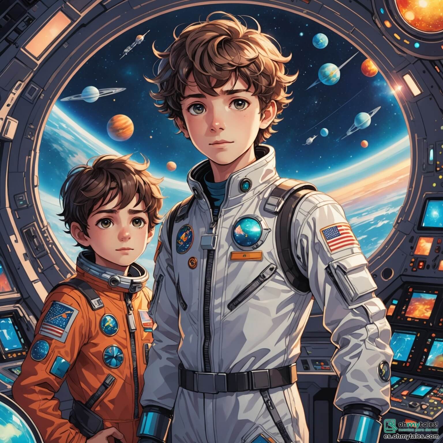 Une illustration destinée aux enfants représentant un jeune garçon aux yeux pétillants de curiosité, vêtu d'une combinaison spatiale étincelante, se tenant devant le cockpit d'une majestueuse navette spatiale aux couleurs vives, tandis qu'un ingénieur aux cheveux ébouriffés, également un garçon, ajuste des boutons brillants, le tout dans un décor futuriste où des étoiles scintillantes et des planètes colorées dansent dans un ciel profond et mystérieux, promettant des aventures intergalactiques.