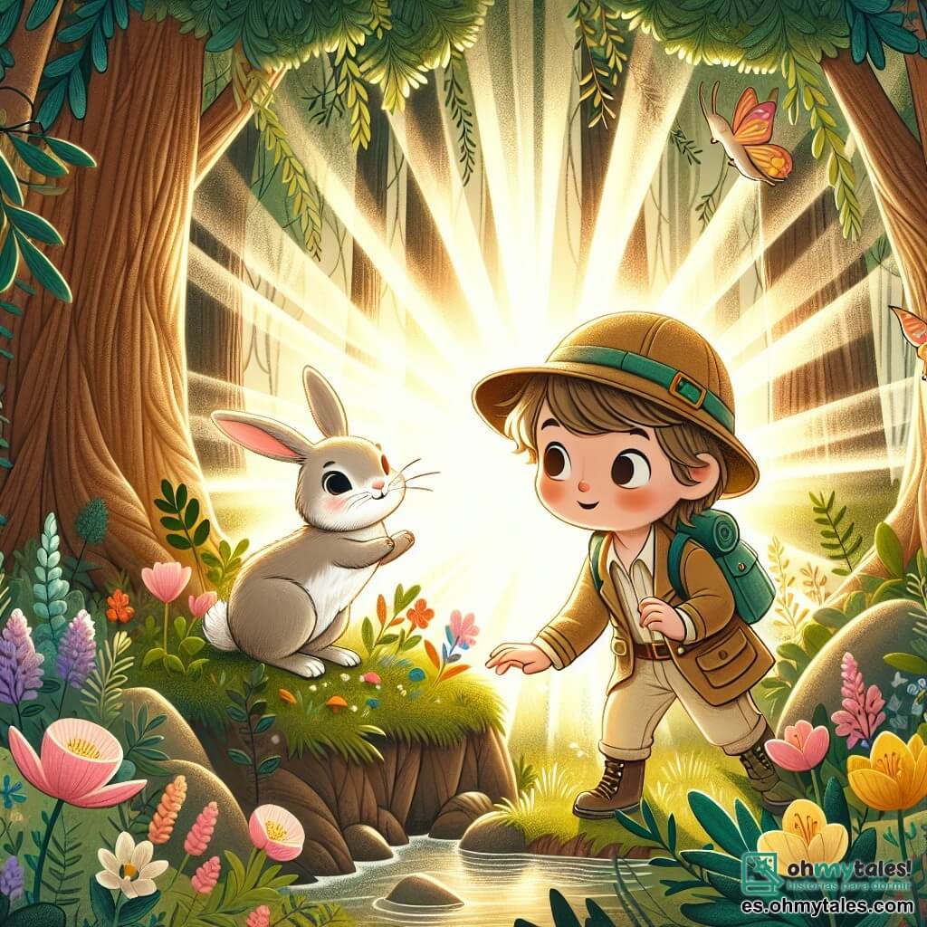Une illustration destinée aux enfants représentant un jeune garçon curieux, vêtu d'un chapeau d'explorateur, libérant un petit lapin emprisonné dans une forêt enchantée remplie de fleurs colorées et de rayons de soleil dorés.