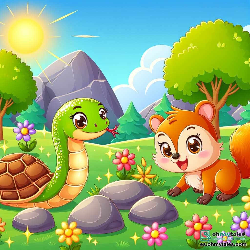 Une illustration sous forme de dessin destinée aux enfants représentant un paysage ensoleillé avec une herbe verte et des fleurs colorées, où un petit serpent aux écailles brillantes et aux yeux pétillants s'amuse à slalomer joyeusement entre des pierres, tandis qu'une tortue au dos brun et une ardille au pelage doré, toutes deux souriantes, se préparent à participer à une course amusante, créant une atmosphère de camaraderie et de rires dans un cadre naturel enchanteur.