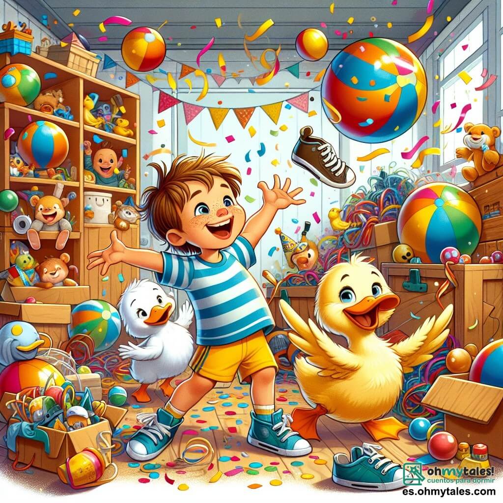 Ilustración que representa un garaje colorido y desordenado, lleno de juguetes, cajas de madera y confeti multicolor flotando en el aire. En el centro, un niño de 5 años con cabello castaño alborotado, vestido con una camiseta a rayas azul y un pantalón corto amarillo, ríe a carcajadas mientras intenta atrapar un par de zapatos voladores que giran a su alrededor. A su lado, una familia de tres patos: un gran pato amarillo con un sombrero de fiesta, un pato mediano con plumas blancas y un pequeño pato muy lindo, todos bailando alegremente al ritmo de la música. La escena muestra al niño en plena acción, con los brazos en alto, rodeado de globos coloridos y confeti, mientras los patos se divierten, creando una atmósfera festiva y lúdica. Risas y colores brillantes añaden un toque de magia a esta fiesta improvisada.