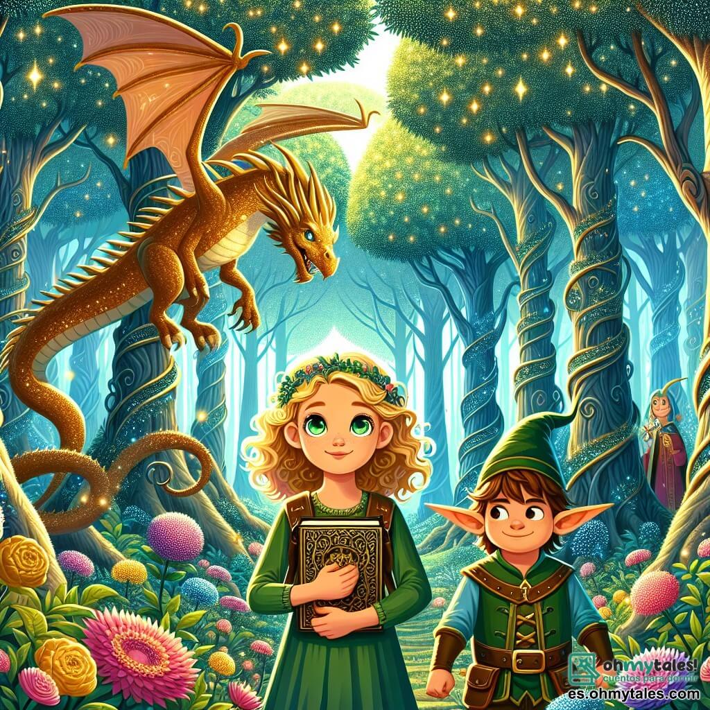Une illustration sous forme de dessin destinée aux enfants représentant un vaste et enchanteur forêt enchantée, avec des arbres gigantesques aux feuilles scintillantes et des fleurs multicolores, où une fille de 9 ans aux cheveux bouclés dorés et aux yeux verts pétillants, tenant un livre ancien, se tient courageusement aux côtés d'un petit duende aux oreilles pointues et à la peau verte, qui sourit malicieusement, alors qu'ils se préparent à affronter un dragon doré majestueux, gardien de la Flor de la Lumière, dans une atmosphère magique et pleine d'aventure.