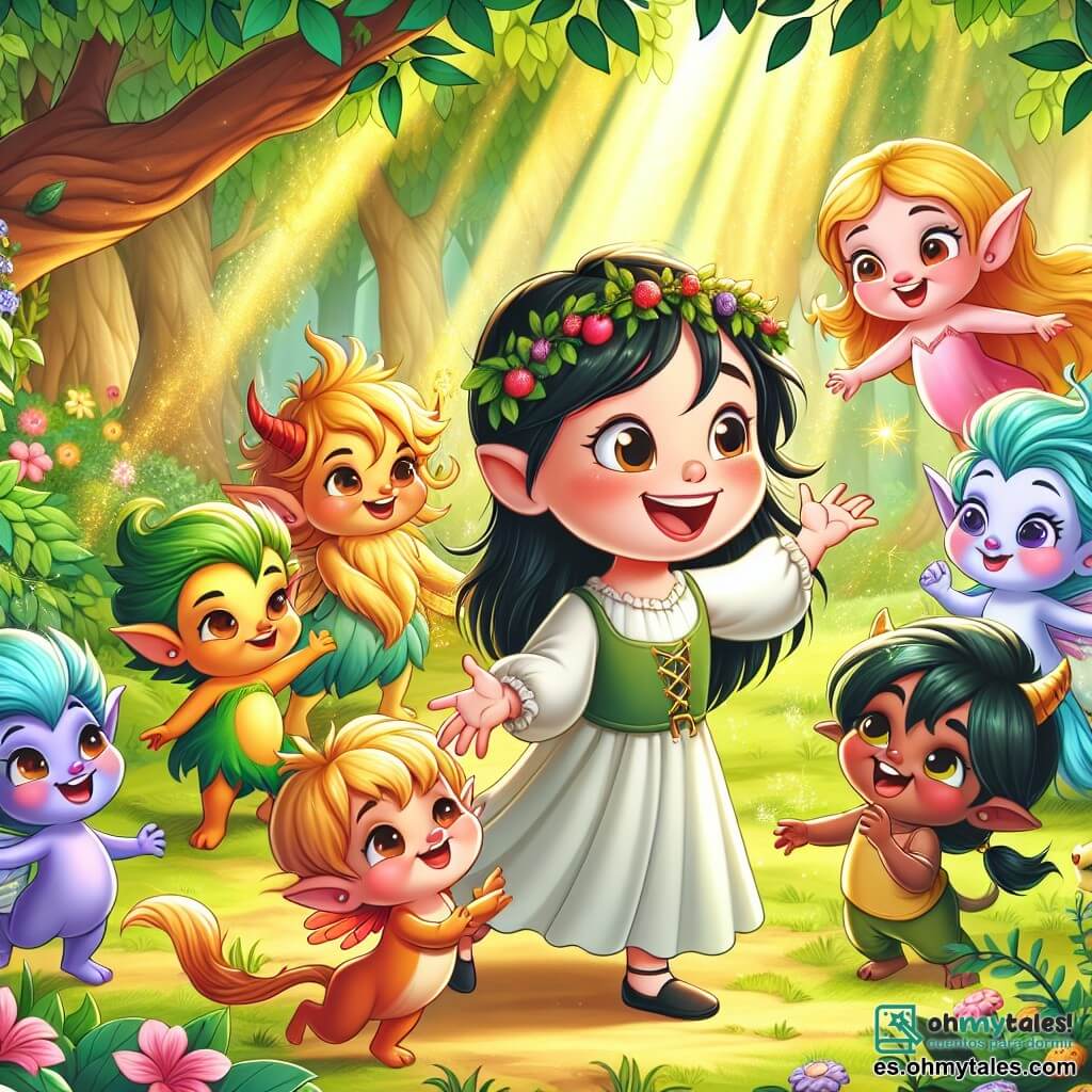 Une illustration sous forme de dessin destinée aux enfants représentant un clair de forêt enchanté, baigné de lumière dorée filtrant à travers les feuilles vertes, où une jeune fille au teint clair comme la neige, aux cheveux noirs comme l'ébène et aux lèvres rouges comme des baies, sourit joyeusement en jouant avec un groupe de sept petites créatures magiques aux couleurs vives, chacune ayant des traits distincts et des talents uniques, alors qu'elles se rassemblent autour d'elle pour célébrer leur amitié et leur victoire contre la malveillance, avec des fleurs éclatantes et des animaux curieux observant la scène.