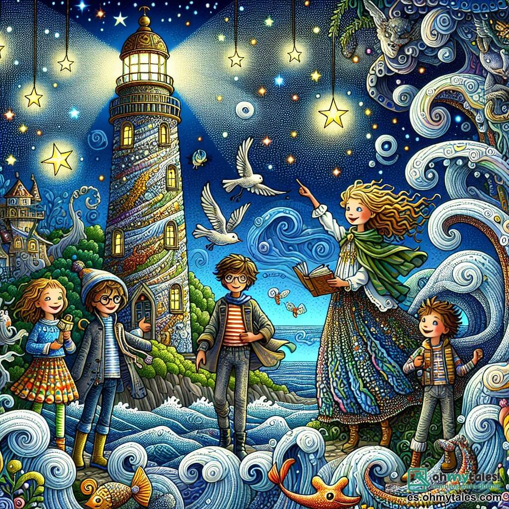 Ilustración que representa un viejo faro junto al mar, rodeado de olas brillantes bajo un cielo estrellado. El faro, alto y majestuoso, está cubierto de algas brillantes y luces de colores que bailan en sus paredes. En primer plano, un grupo de cuatro niños se reúne: una niña de cabello rizado y dorado, de unos 10 años, con un vestido colorido y una sonrisa radiante; un niño curioso, de unos 9 años, con gafas y una camiseta a rayas, que mira el faro con asombro; una niña imaginativa, de 8 años, con una falda estampada y un libro abierto en la mano, con los ojos brillantes de emoción; y un niño valiente, de unos 11 años, con el cabello castaño despeinado, que lleva una capa, listo para enfrentar lo desconocido. La escena captura el momento en que los niños descubren el faro mágico, iluminado por una luz resplandeciente, mientras una sombra misteriosa se perfila detrás de ellos, lista para transformarse. Criaturas fantásticas, como peces cantores y estrellas brillantes, flotan alrededor, añadiendo un toque de magia a la atmósfera. En conjunto, se transmite una sensación de aventura y camaradería, capturando la esencia de la fantasía urbana.