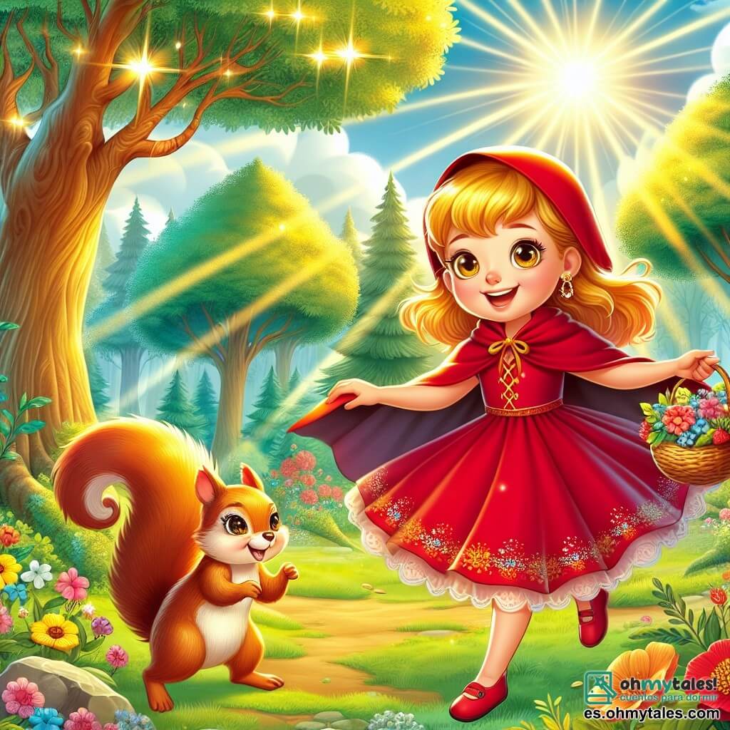 Une illustration sous forme de dessin destinée aux enfants représentant un magnifique clairière ensoleillée au cœur d'un forêt enchantée, où une petite fille aux cheveux blonds, portant une cape rouge éclatante et un panier rempli de fleurs, se tient joyeusement au milieu de la scène, entourée d'une ardente petite écureuil aux yeux pétillants qui saute autour d'elle, alors qu'ils s'apprêtent à planter une semence magique pour sauver la forêt, avec des arbres majestueux et des fleurs colorées en arrière-plan, symbolisant la beauté de la nature et l'importance de la protection de l'environnement.
