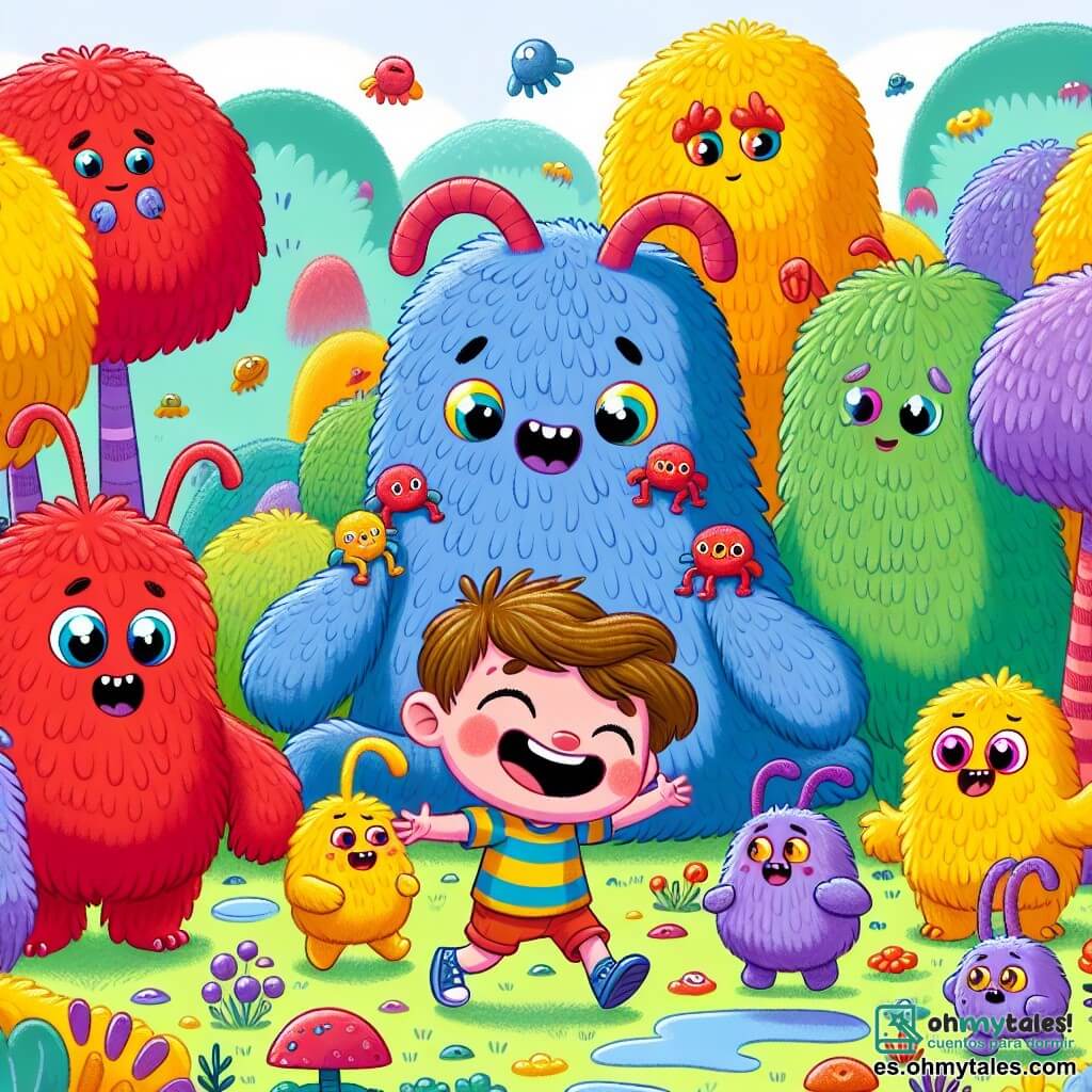 Une illustration sous forme de dessin destinée aux enfants représentant un paysage féerique sur le planète Cromalía, avec des arbres aux couleurs vives (rouge, bleu, jaune) et des créatures pelucheuses aux grandes oreilles et aux pattes longues, tandis qu'un garçon de 5 ans aux cheveux bruns et aux yeux pétillants, vêtu d'un t-shirt rayé et d'un short, joue joyeusement avec des Cromalitas colorés, tous riant ensemble alors qu'ils tentent de convaincre un grand extraterrestre gris, triste et aux écailles ternes, de les rejoindre dans leurs jeux, symbolisant l'importance de l'amitié et de l'acceptation des différences.