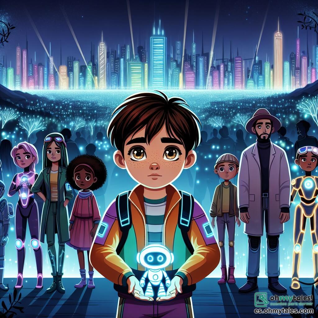 Une illustration sous forme de dessin destinée aux enfants représentant un parc futuriste de la ville de Luminara, avec des arbres bioluminiscentes illuminant le paysage nocturne, un garçon de 11 ans aux cheveux châtains et aux yeux pétillants, vêtu d'une combinaison colorée et tenant un petit robot brillant à ses côtés, tandis qu'un groupe de scientifiques en tenues futuristes, avec des lunettes technologiques et des dispositifs holographiques, se tient en arrière-plan, discutant avec inquiétude, alors que le garçon s'approche courageusement d'eux pour offrir son aide afin de sauver la ville de l'obscurité imminente.