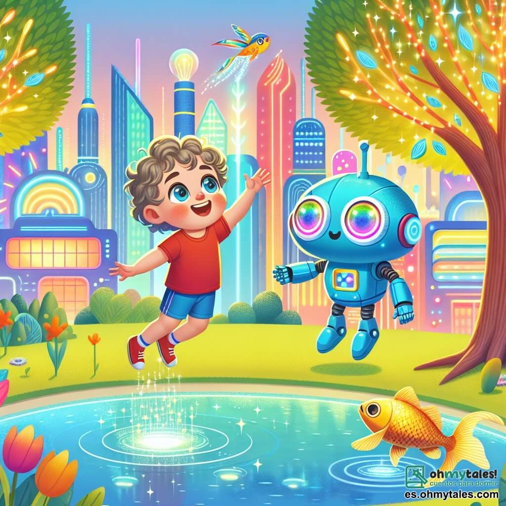 Une illustration sous forme de dessin destinée aux enfants représentant un parc futuriste coloré à Lumitropolis, avec des arbres aux feuilles scintillantes et des fleurs chantantes, où un garçon de 3 ans aux cheveux bouclés et aux yeux pétillants, vêtu d'un t-shirt rouge et d'un short bleu, flotte joyeusement dans les airs, tandis qu'un robot bleu aux yeux ronds et brillants, avec des bras articulés, s'élève à ses côtés, tous deux émerveillés par un poisson doré qui saute hors d'un lac cristallin, symbolisant la magie des rêves qui se réalisent ensemble.