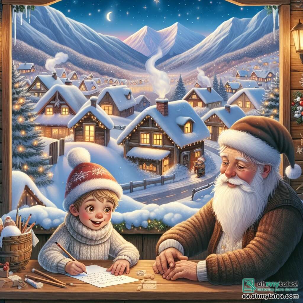 Une illustration destinée aux enfants représentant un petit garçon écrivant une lettre à Papá Noel, accompagné de son abuelo, dans un village enneigé entouré de montagnes scintillantes.