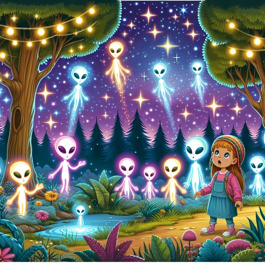 Une illustration destinée aux enfants représentant une petite fille curieuse découvrant des extraterrestres lumineux dans un parc enchanteur, entouré d'arbres majestueux et d'une végétation luxuriante, avec des lumières colorées dans le ciel étoilé.