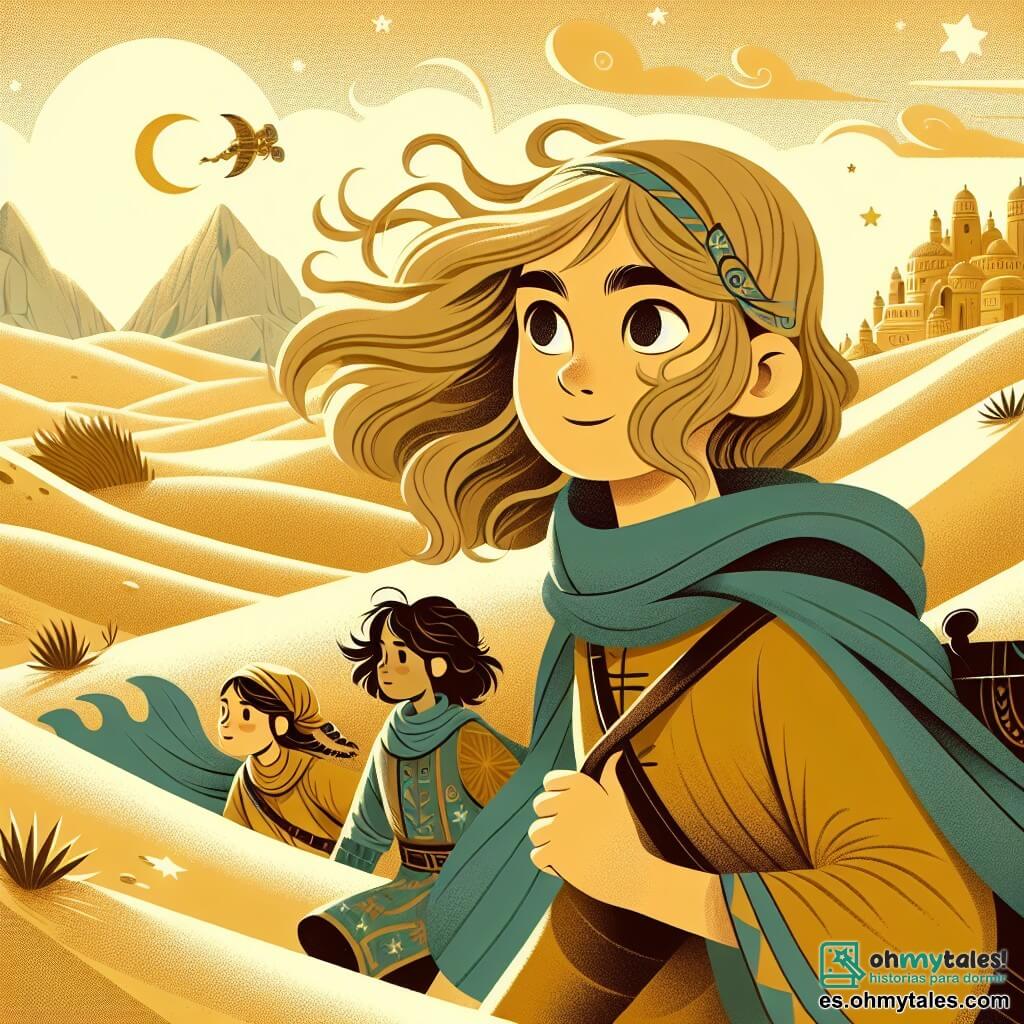 Une illustration destinée aux enfants représentant une petite fille courageuse et curieuse, accompagnée de ses fidèles amis, explorant le mystérieux Desierto de las Mil Lunas, un paysage désertique parsemé de dunes dorées et de roches sculptées par le vent.