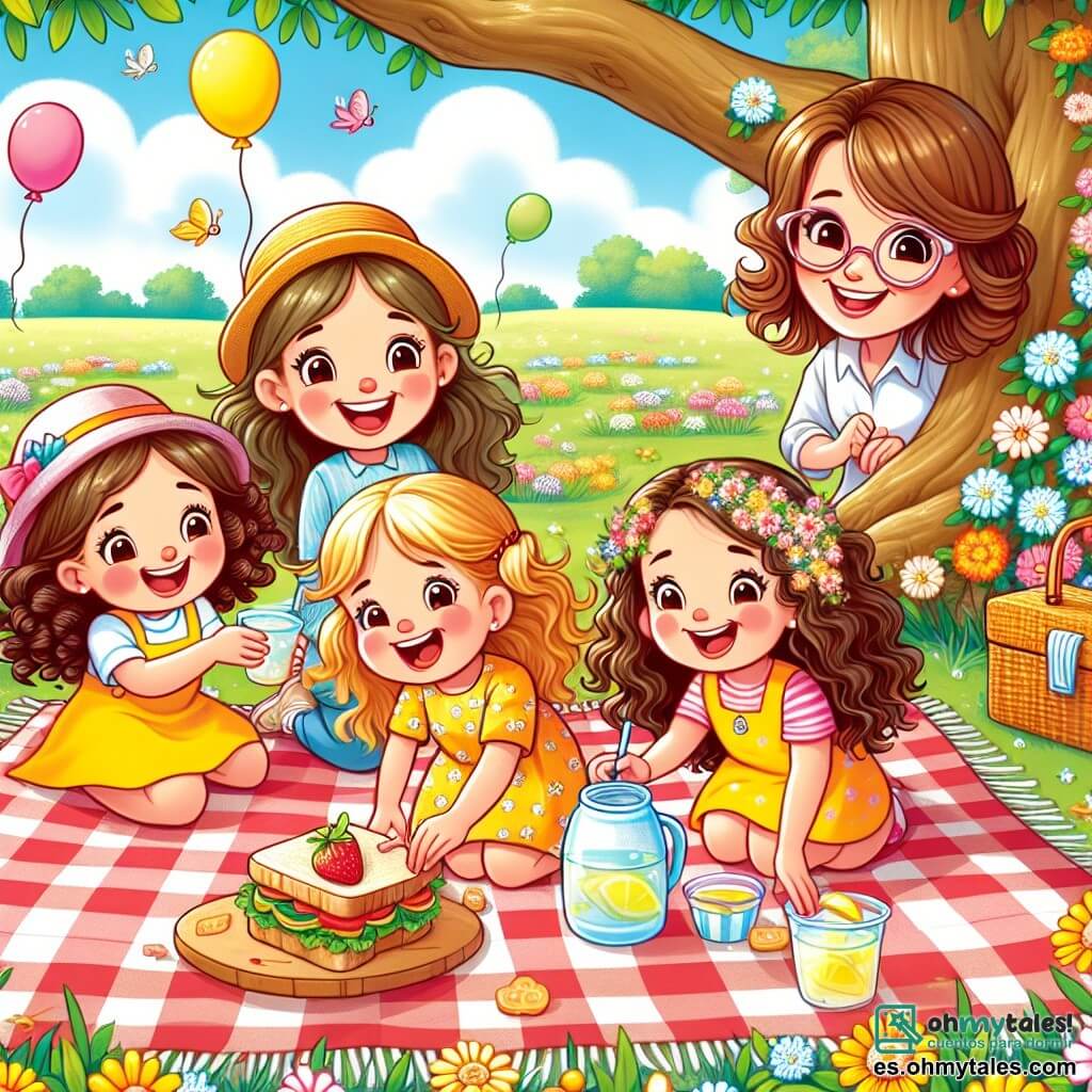 Ilustración que representa un parque soleado, lleno de flores coloridas y un gran árbol que ofrece sombra. En el centro, una gran manta a cuadros rojos y blancos está extendida sobre la hierba verde. En la manta, cuatro niñas de 8 a 10 años están reunidas. Una de ellas, con cabello rizado y castaño, lleva un vestido amarillo y sonríe alegremente sosteniendo un sándwich. A su lado, una niña de cabello largo y rubio, vestida con una camiseta azul, sirve limonada en vasos. Otra niña, con gafas y cabello castaño, está decorando la manta con pequeñas flores que ha recogido. Por último, la última niña, con trenzas y un vestido rosa, canta alegremente, con los brazos levantados, llena de energía. Al fondo, una mamá, de unos treinta años, con cabello castaño y una sonrisa radiante, se sorprende al descubrir el picnic preparado por los niños. Globos de colores flotan en el aire y los pájaros cantan en las ramas del árbol. La atmósfera es alegre y festiva, capturando el espíritu del Día de la Madre.