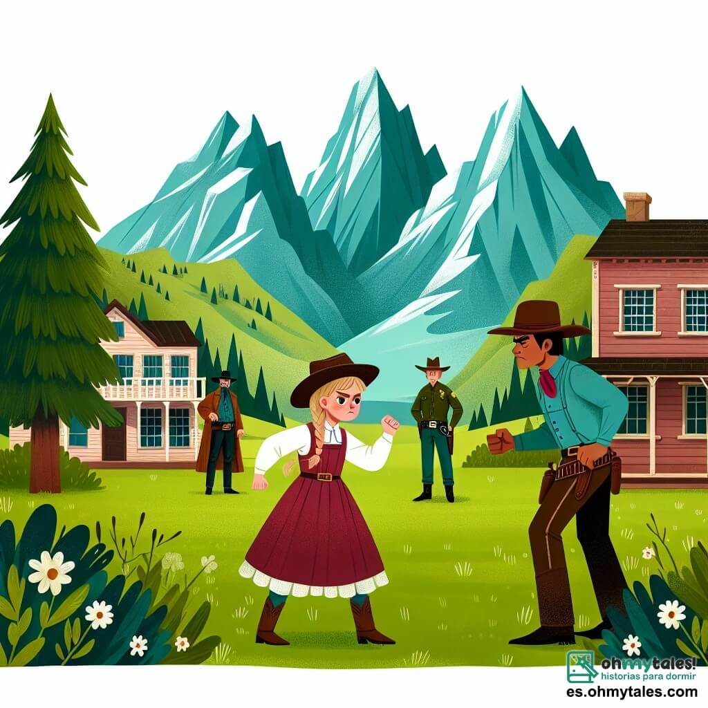 Une illustration destinée aux enfants représentant une jeune cowgirl courageuse et déterminée, affrontant un redoutable forajido, un sheriff bienveillant et un paisible village du Far West, entouré de prairies verdoyantes et de montagnes majestueuses.